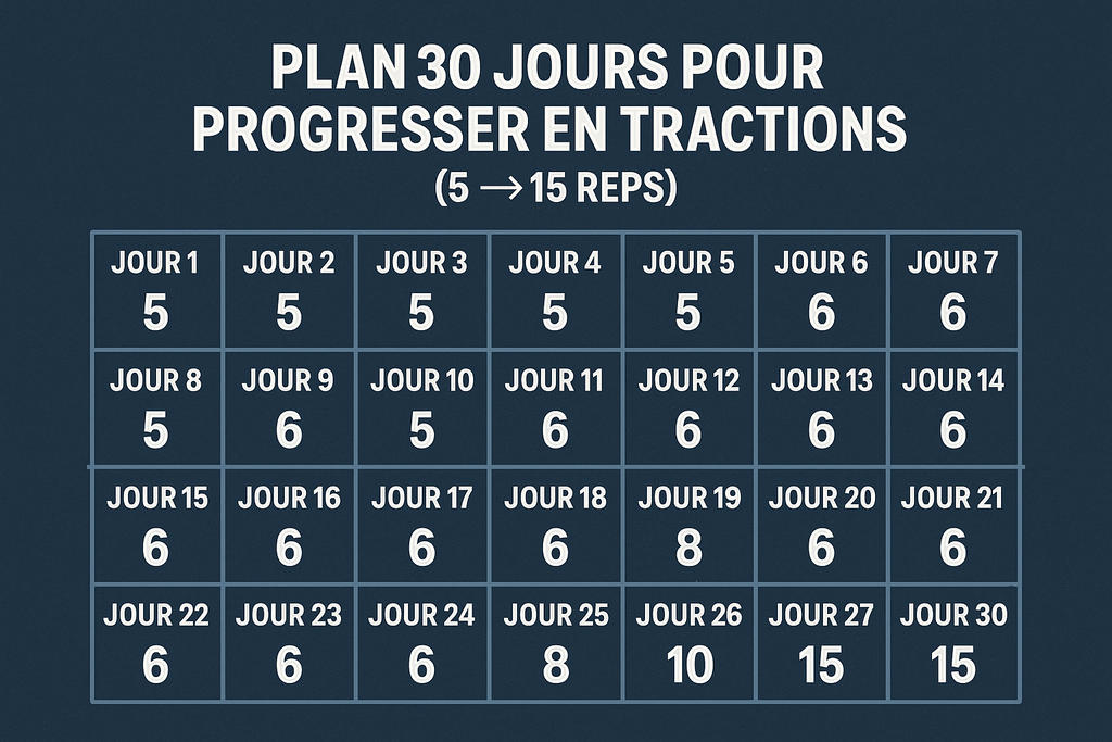 Plan 30 jours pour progresser en tractions (5 → 15 reps)